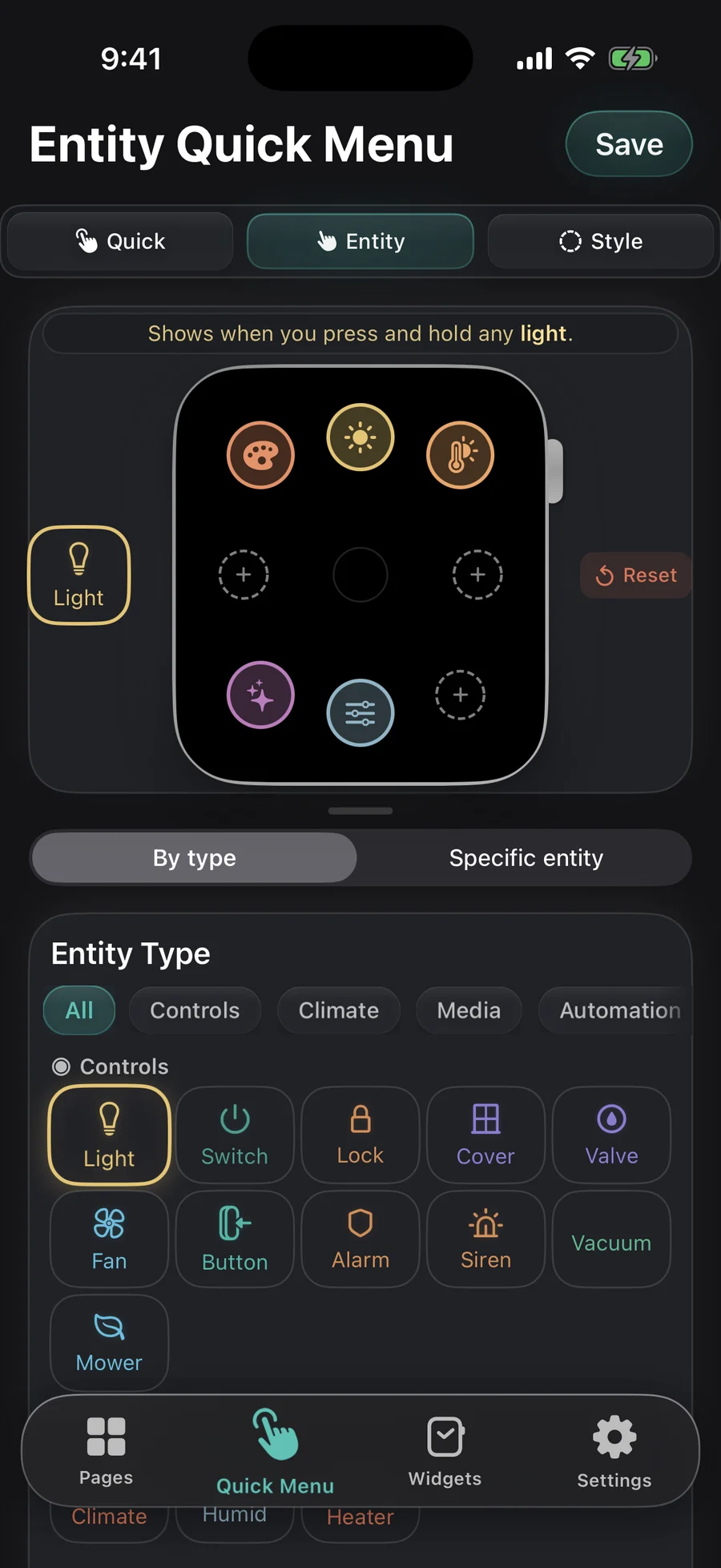 The entity quick menu editor on iPhone, building the menu for every light