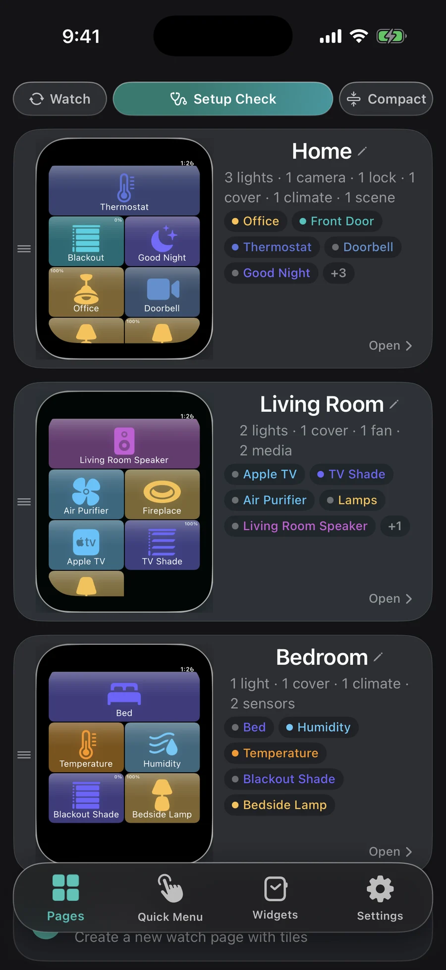 The Pages tab on iPhone with a setup check button and three room pages