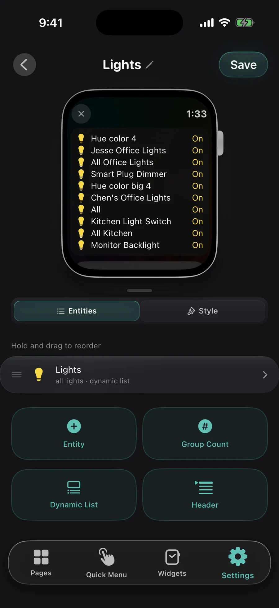 A status page editor on iPhone with a live list of every light and its state