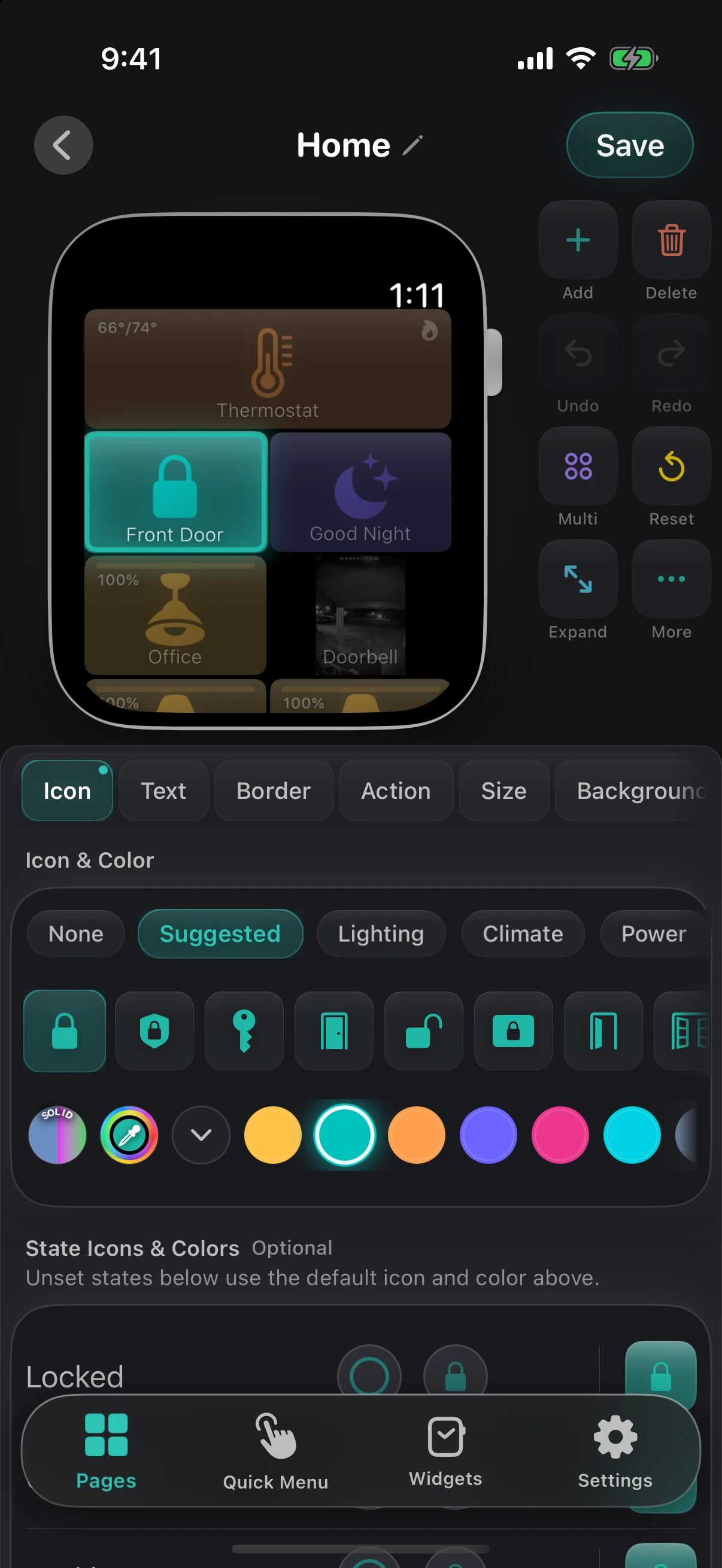The tile editor on iPhone with the icon grid and color swatches