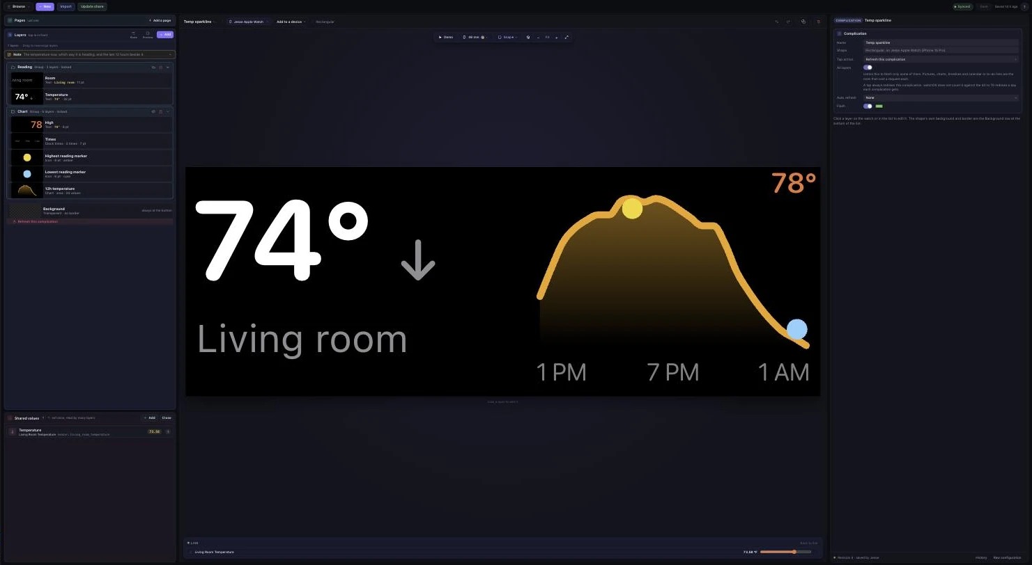 The complication editor in Home Assistant with a 12-hour temperature sparkline
