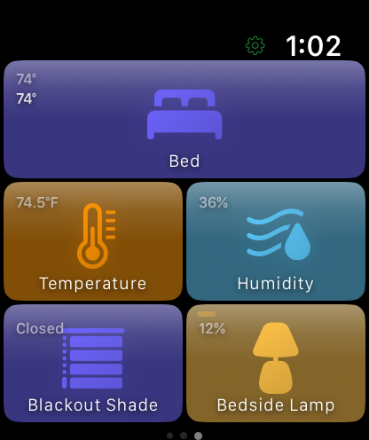 Bedroom page: bed climate, temperature, humidity, a shade and a lamp