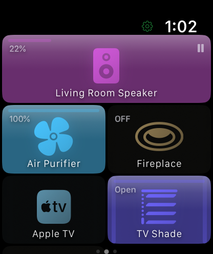 Living Room page: speaker, air purifier, fireplace, Apple TV and a shade