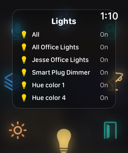 A Lights status page peeking over the quick menu